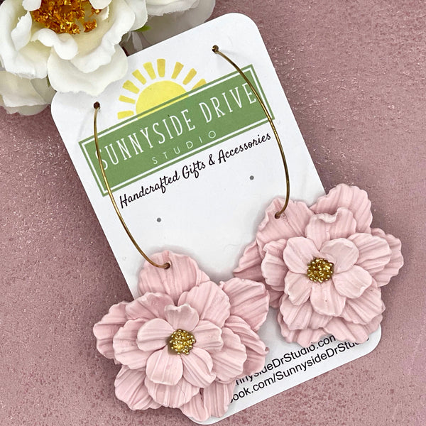Pink Flower Dangle Clay Earrings