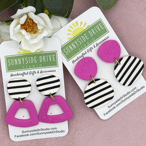 Retro Hot Pink & Black Stripe Clay Dangle Earrings