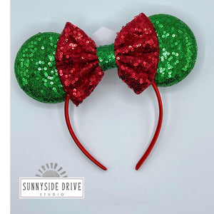 Red & Green Glittery Christmas Mouse Ears Headband