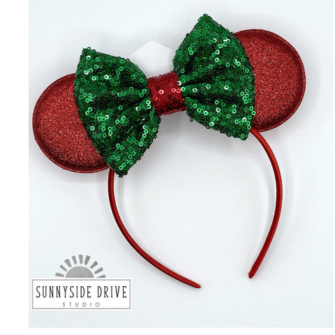 Red & Green Glittery Christmas Mouse Ears Headband