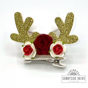 Glitter Reindeer Antlers & Flowers Hair Clip