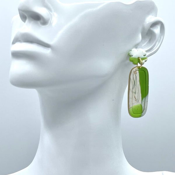 Green Marble Oblong Bar Clay Earrings