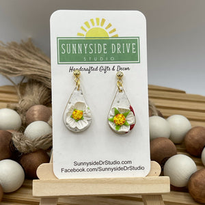 Strawberry Patch Blossoms Teardrop Clay Earrings