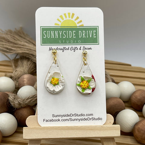 Strawberry Patch Blossoms Teardrop Clay Earrings