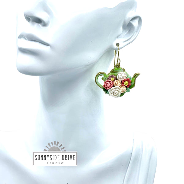 Floral Teapot Clay Earrings