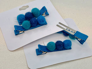 Blue & Teal Pompom Hair Clips
