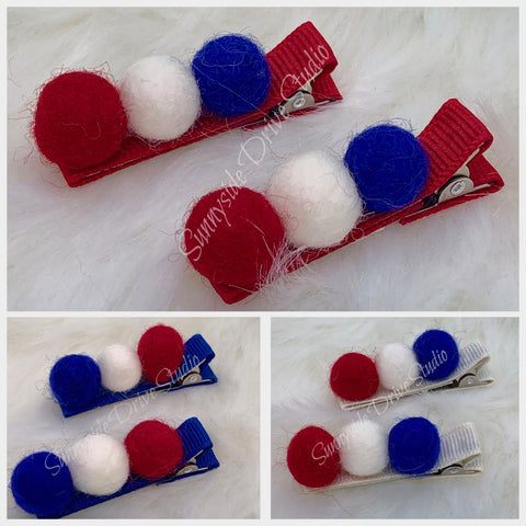 Red, White & Blue Large Pompom Hair Clips